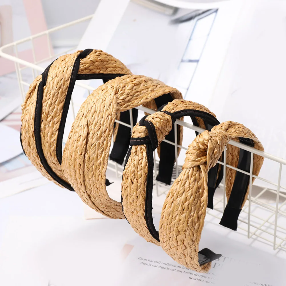 Женский обруч для волос ручной работы широкий из соломы с узелком аксессуар в
