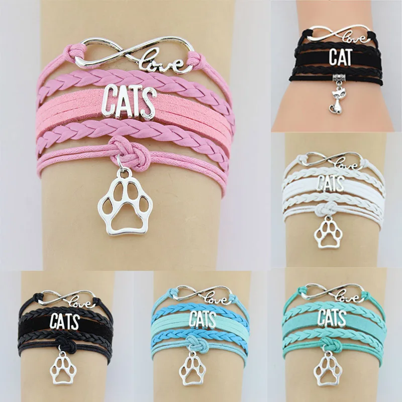 

10PC/lot Infinity Love Cats Paw Charm Wrap Bracelets Cat Mom Paw Print Braid Charms Bracelet Gifts Women & Men Bracelets Jewelry