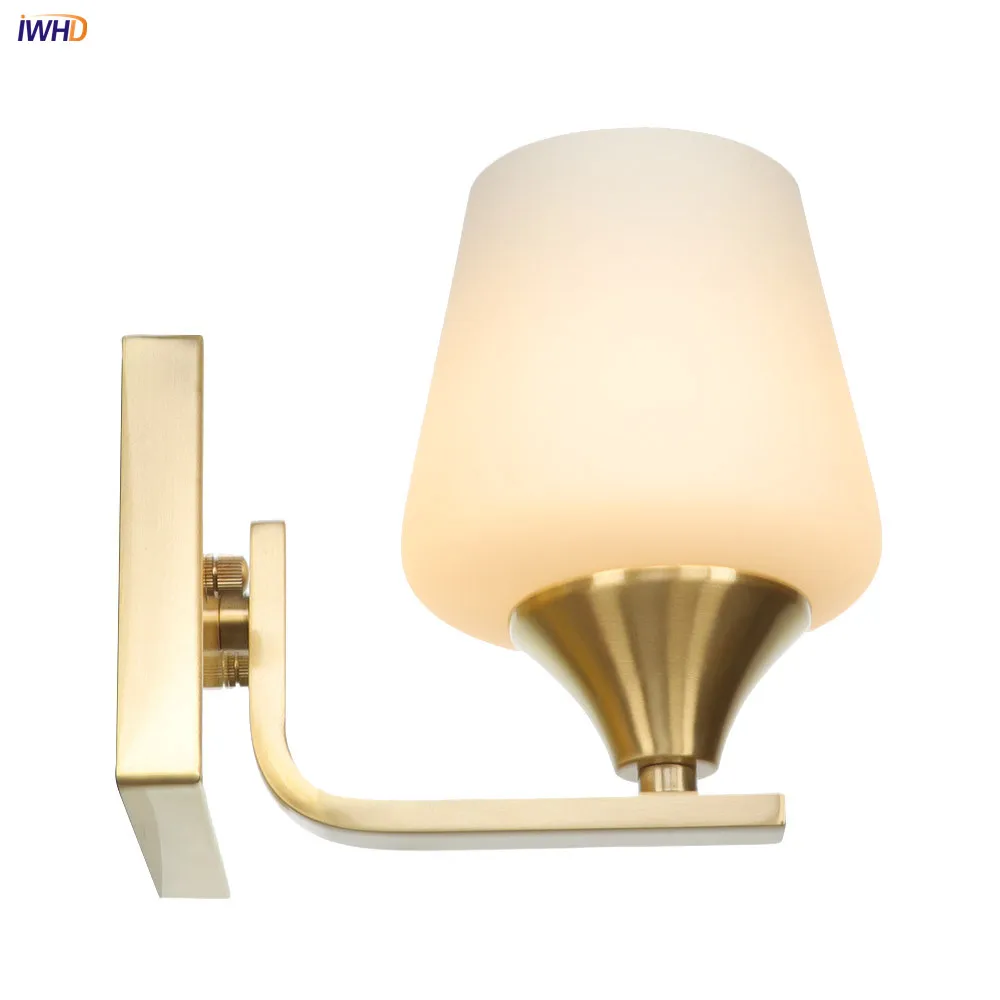 

IWHD Glass Lampshade LED Wall Lights E27 Copper Nordic Wall Lamp Creative Mirror Light Retro Fixtures Bedside Light