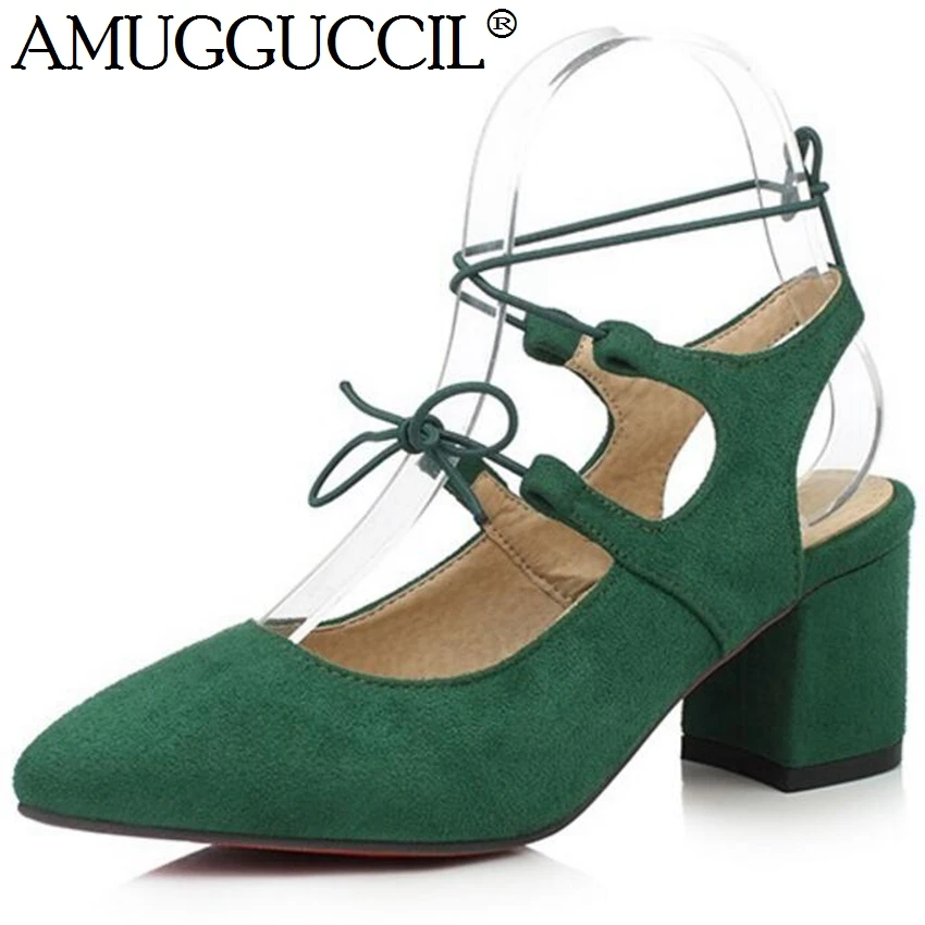 

Plus Big Size 34-46 Red Green Black Lace Up Fashion Sexy Mid Heel Girl Female Lady Womens Shoes Pumps D1166