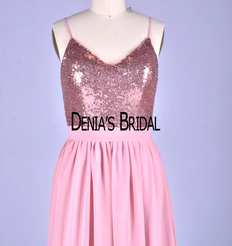 Розовое Шифоновое платье подружки невесты ТРАПЕЦИЕВИДНОЕ ПЛАТЬЕ до пола с V