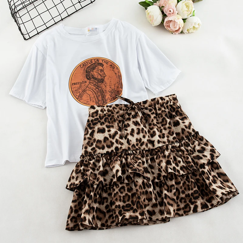 2019 summer 2 pieces sets printed cotton Tshirt tops + leopard Skirts Sets Women clothing suits tracksuit | Женская одежда