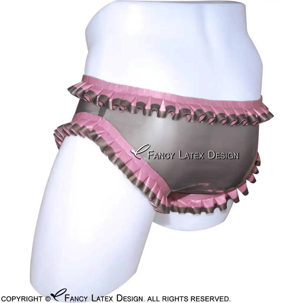 Transparent Black And Metallic Pink Sexy Latex Briefs With Ruffles Frills Rubber Panties Shorts Underpants Underwear DK-0055