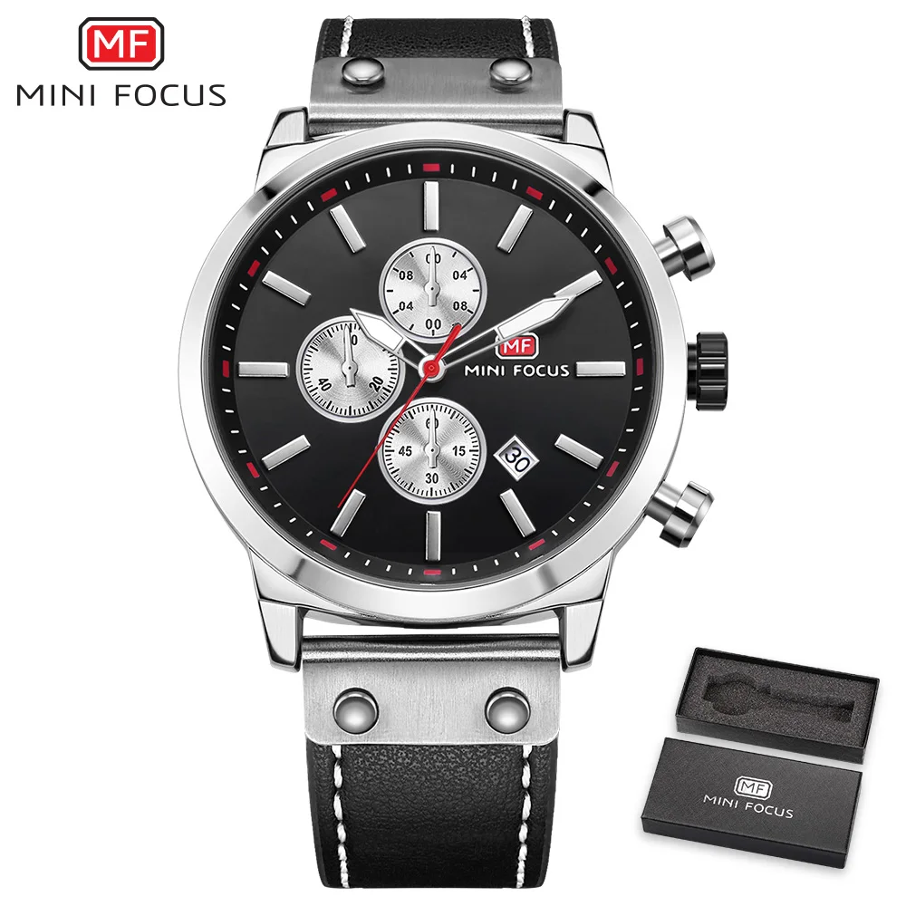 Silver Black Мини фокус спортивные часы для мужчин водонепроницаемый кожаный ремешок для мужчин s наручные кварцевые часы для мужчин s люксовый бренд Relogio Masculino часы для мужчин - Цвет: Silver Black