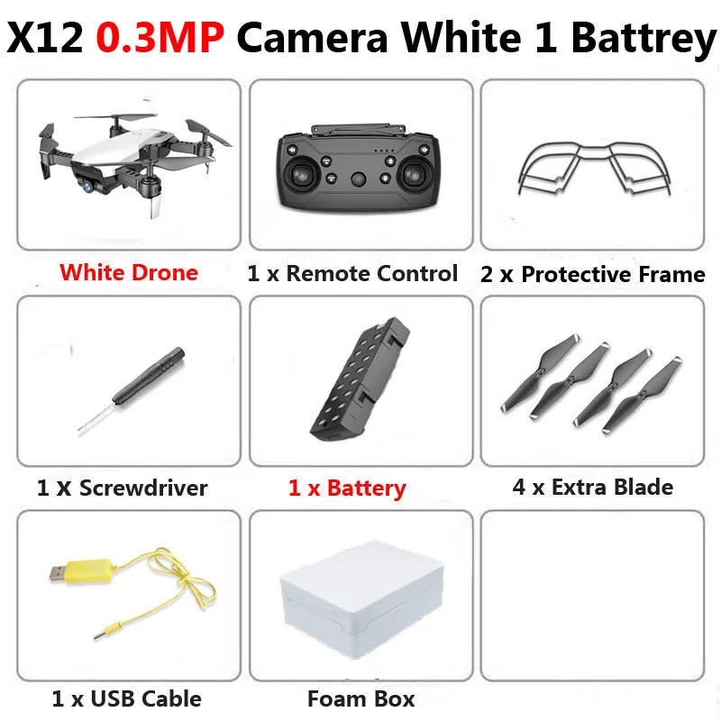 0.3MP White 1B Foam X12 WiFi FPV Mini Foldable Drone Camera 0.3MP 2MP HD Optical Flow Aerial Video Profissional RC Quadcopter Helicopter Toys SG106 - Цвет: 0.3MP White 1B Foam