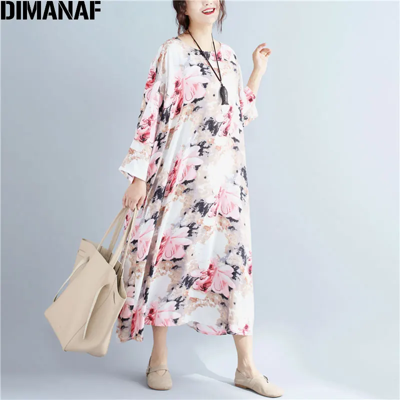 DIMANAF Plus Size Autumn Women Dress Linen Floral Print Vintage Casual Female O Neck Pink Oversize Elegant Large Thin 5XL|Женские