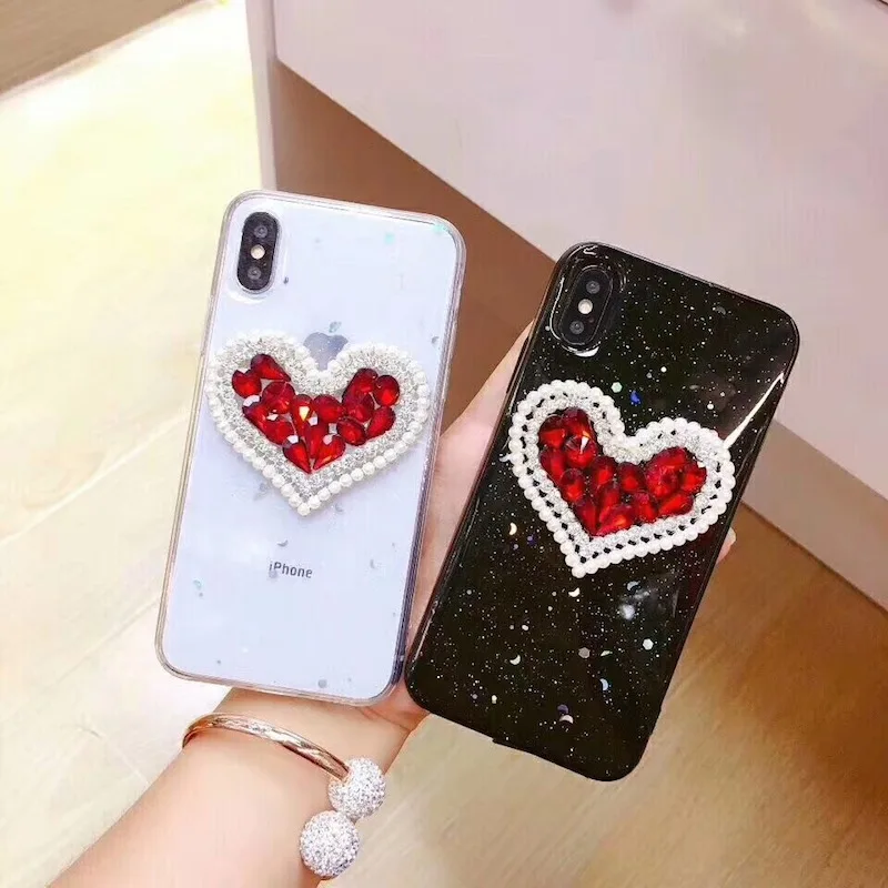 Модный мягкий резиновый чехол для iPhone 6 6s 7 8 plus X с жемчужинами и красными стразами|