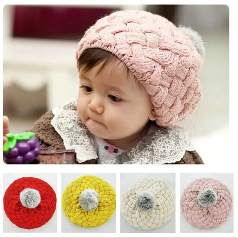 Berets are popular in winter Rabbit hair ball hat for children Chaobao knitted cap Monochromatic ear protector wool gifts | Аксессуары