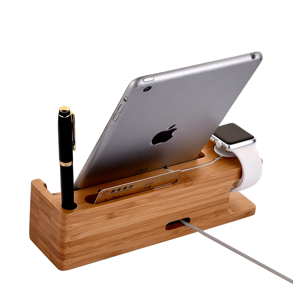 fulaikate bamboo wood charging stand for iphone desk holder for ipad docking station tablet pc mobile phone pen card slot free global shipping