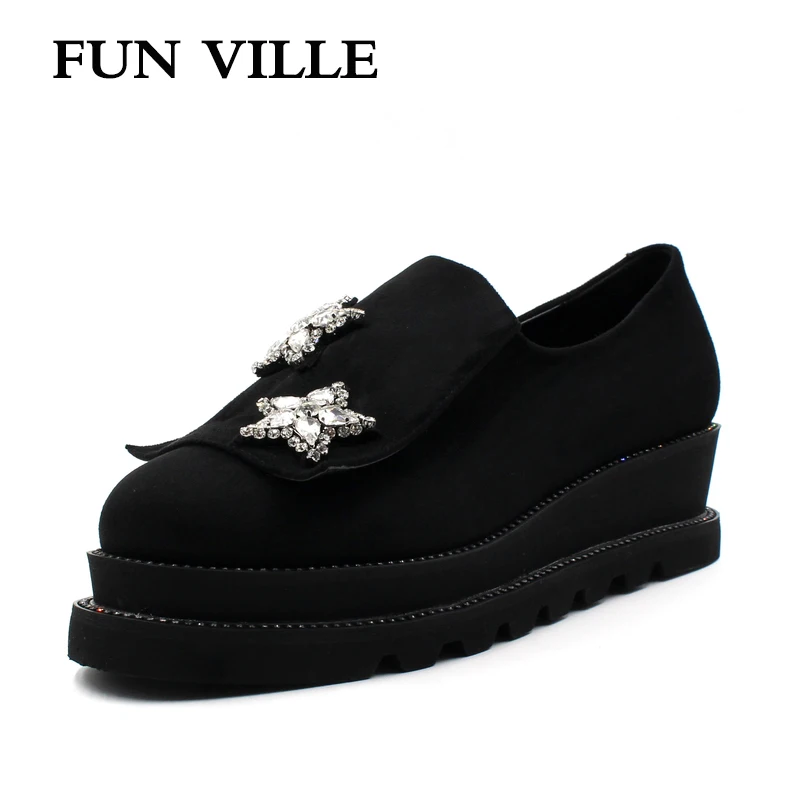 Женские туфли на плоской подошве FUN VILLE черные повседневные из флока платформе с