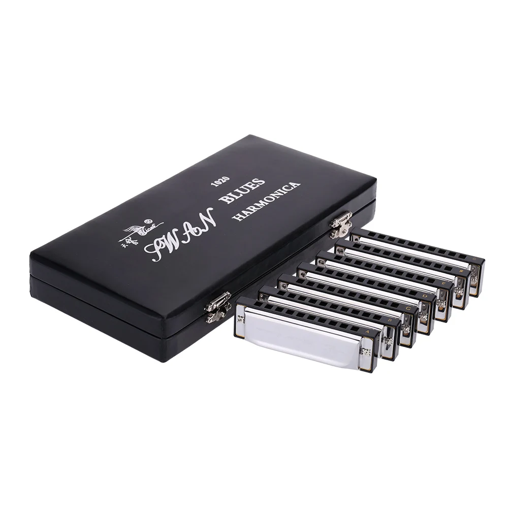 

Swan Harmonica 10 Holes Harp Blues Harp Blues mini Harmonica Diatonic Harmonica Set 7 Piece (A-G) W/ Exquisite Box Wipes