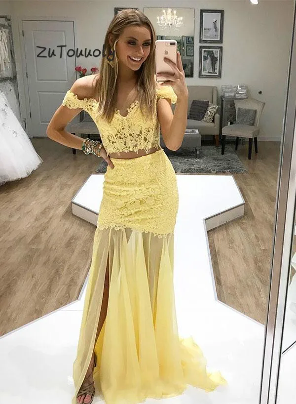

Sexy Two Piece Prom Dresses Yellow Off Shoulder Lace Evening Dress Bodice Elegant Long Formal Party Dresses For Graduation Date