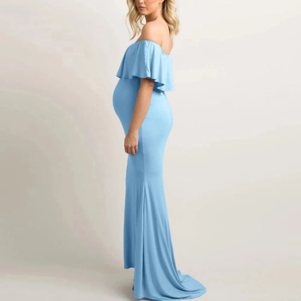 Однотонные платья для беременных с оборками и открытыми плечами фотосессии Robe