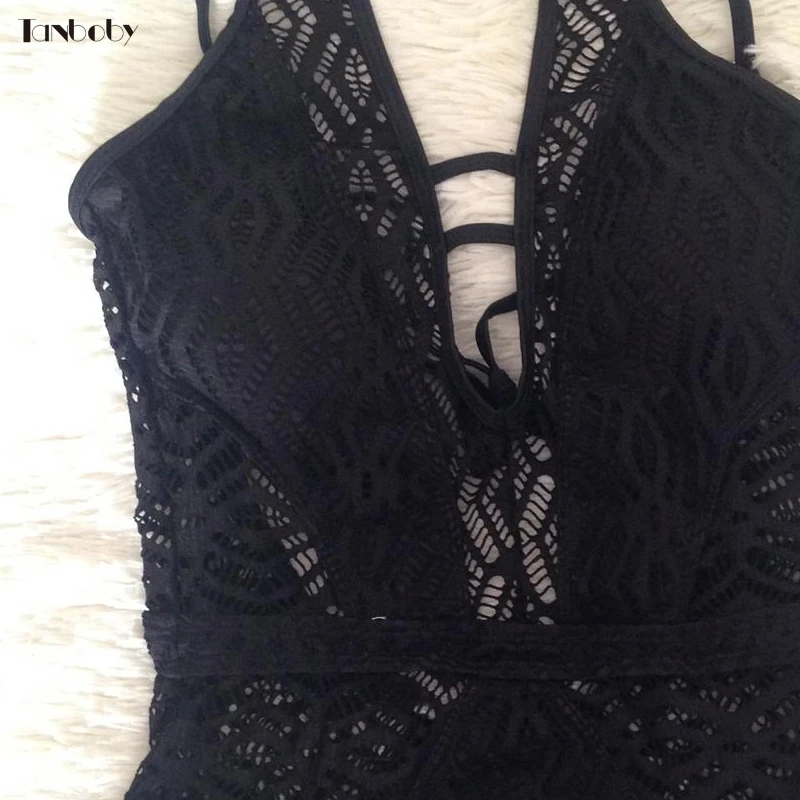 Lace Crochet 1 Pieces Monokini Swimsuit V-neck Plus Size Bathing Suits Women High Waist Trikinis Black One Swimsuits | Спорт и