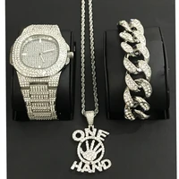luxury men gold color watch bracelet necklace combo set one hand pendant ice out cuban crystal miami chain hip hop for men