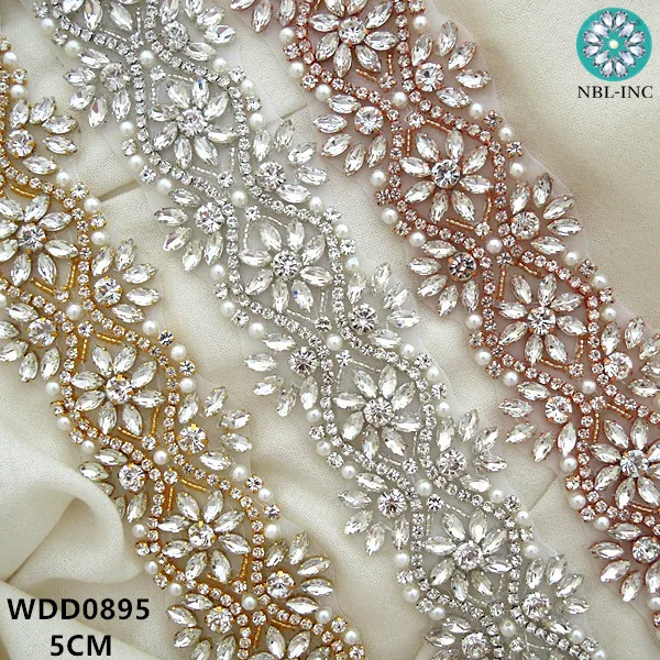 

(1 YARD) Bridal beaded Rhinestone crystal applique trim gold iron on for wedding dresses belt WDD0895