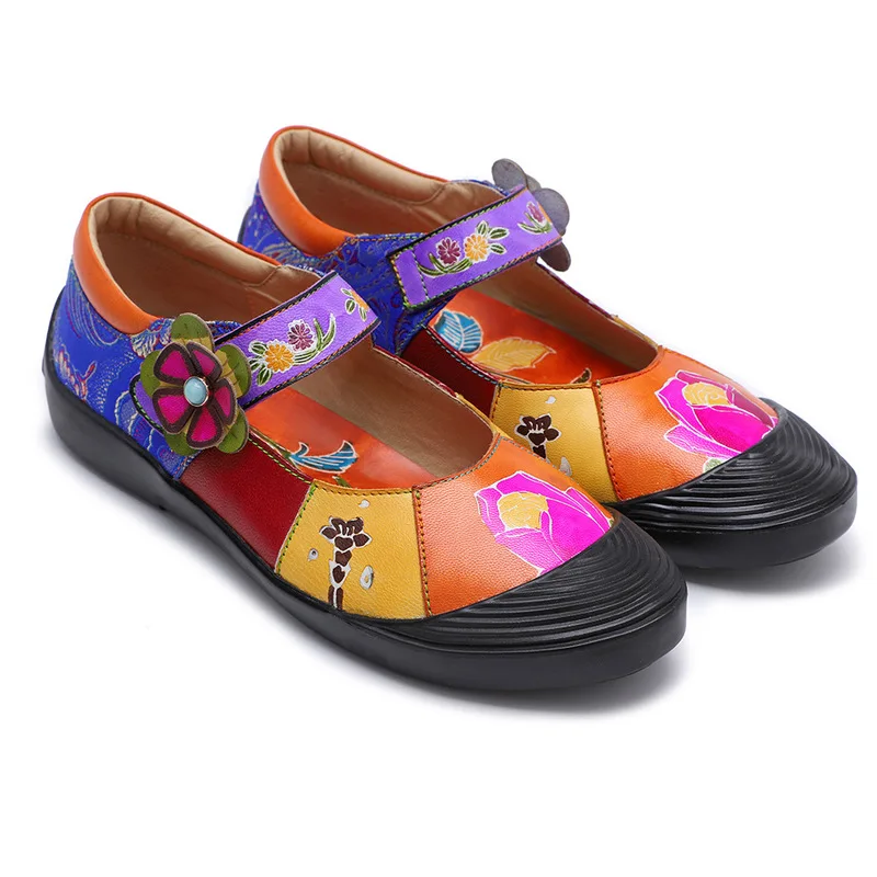 Vintage Sandals Flowers Pattern Splicing Genuine Leather Stitching Hook Loop Slip On Elegant Shoes Women 2019 | Обувь