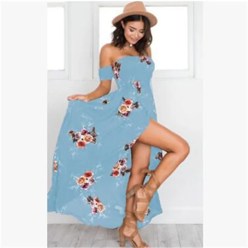 Boho Стиль длинное платье Для женщин топ с открытыми плечами летние платья Цветочный принт элегантное шифоновое белое платье Maxi dress Vestidos