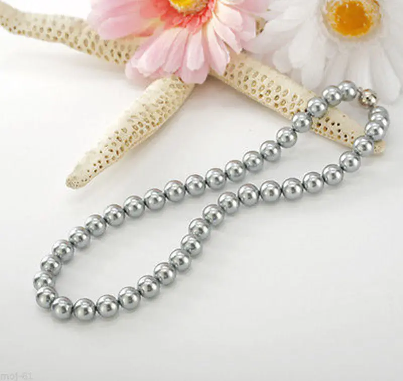 

Charm charming 8mm Silver Gray South Sea Shell Pearl Necklace 18"
