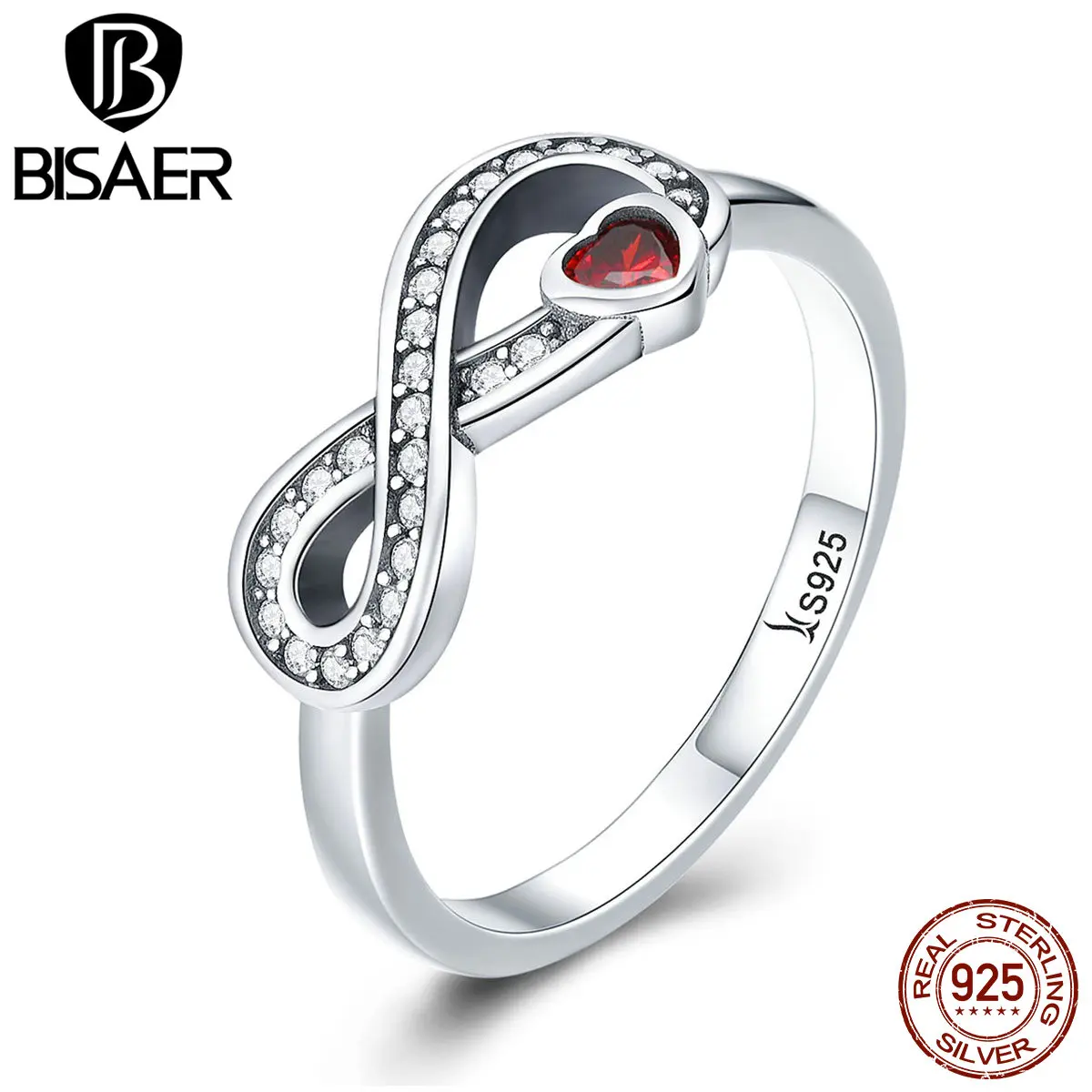 

BISAER 925 Sterling Silver Size Ring Red Heart Zircon Infinite Love Forever Finger Rings For Women Wedding Jewelry Fine Gift