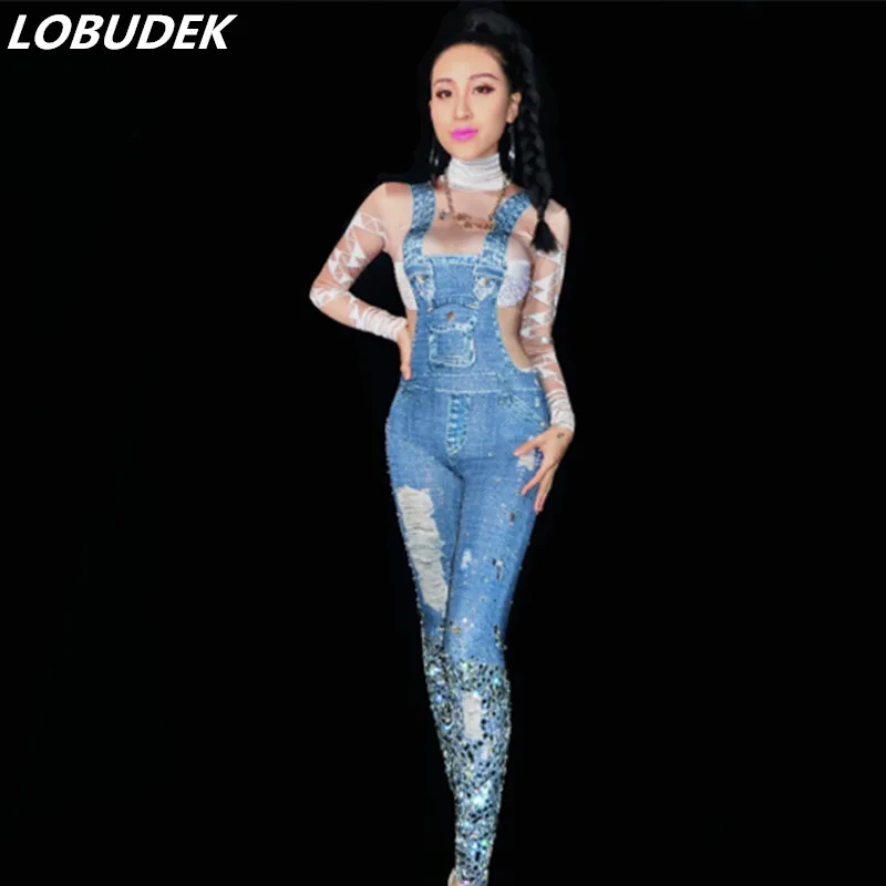 Sparkling Bright Crystals Jeans women Jumpsuit Nightclub Bar Party performance female costume Singer stage DJ sexy star prom