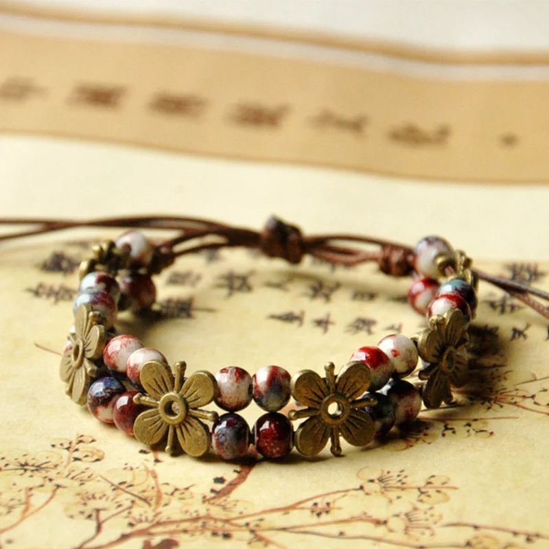 

30 pieces/lot Weave Rope Charm Bracelets Ceramic Beads Bronze Flower Chain Cuff Bangles Wristband Women Jewelry Accessories