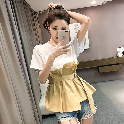 2019 летняя Корейская Повседневная футболка с коротким рукавом и имитацией двух