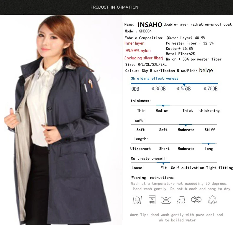 

Genuine INSAHO women eletromagnetic radiation proof hooded coat,Double layer metal fiber strong material to protect well.SHD004D