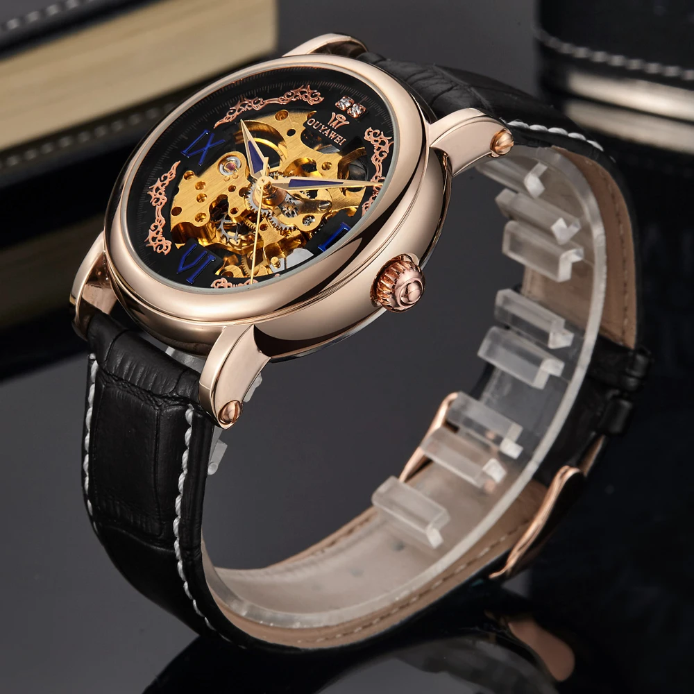 Часы Ouyawei 2017 Мужские механические с автоподзаводом роскошные чехлом из розового
