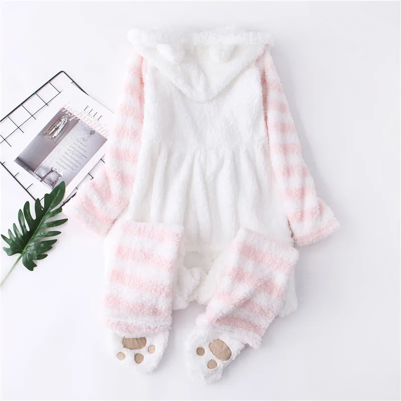 Японская зимняя женская пижама комбинезон Kawaii Cat Lovely Ear с длинным рукавом розовый
