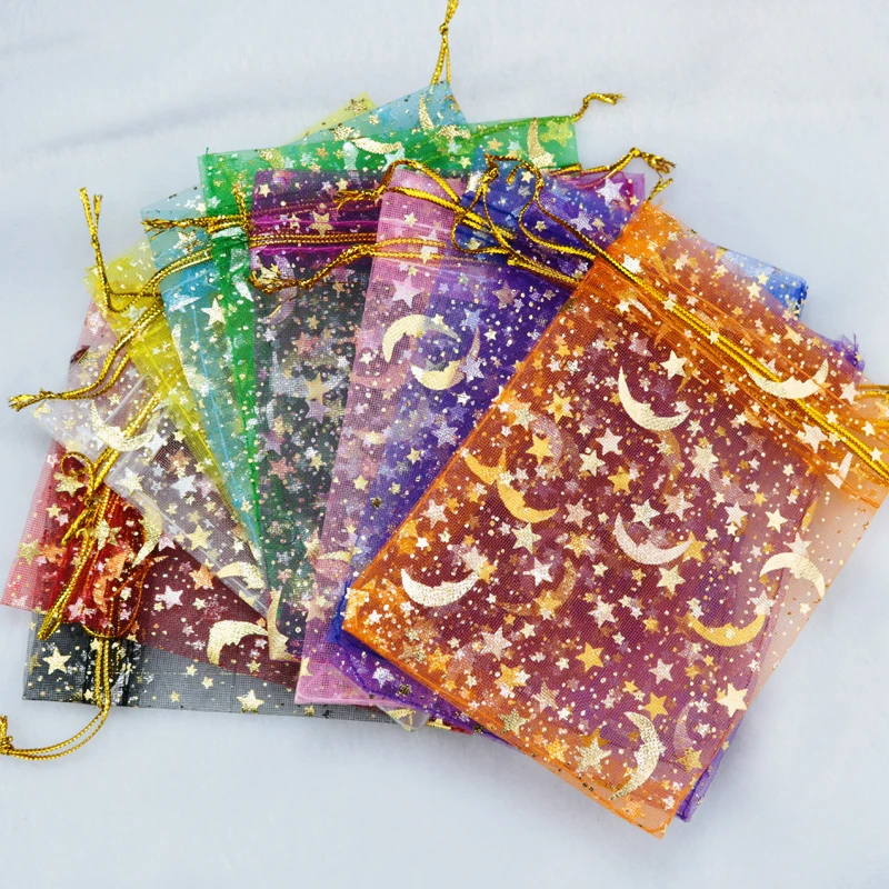 

100pcs 10Colors Jewelry Bag 7x9 9X12cm Star Moon Drawstrings Bags Wedding Gift Organza bag Jewelry Packaging Display Pouches