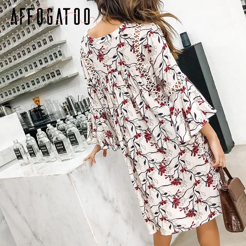 Afogatoo Boho Цветочная печать свободное мини-платье Элегантное уличная пляжное женское платье Женская, с перфорацией с расклешенными рукавами летнее платье