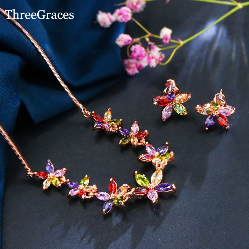 

ThreeGraces New Mona Lisa Colorful CZ Crystal Beautiful Cute Flower Earrings Pendant Necklace Fashion Ladies Jewelry Sets JS089