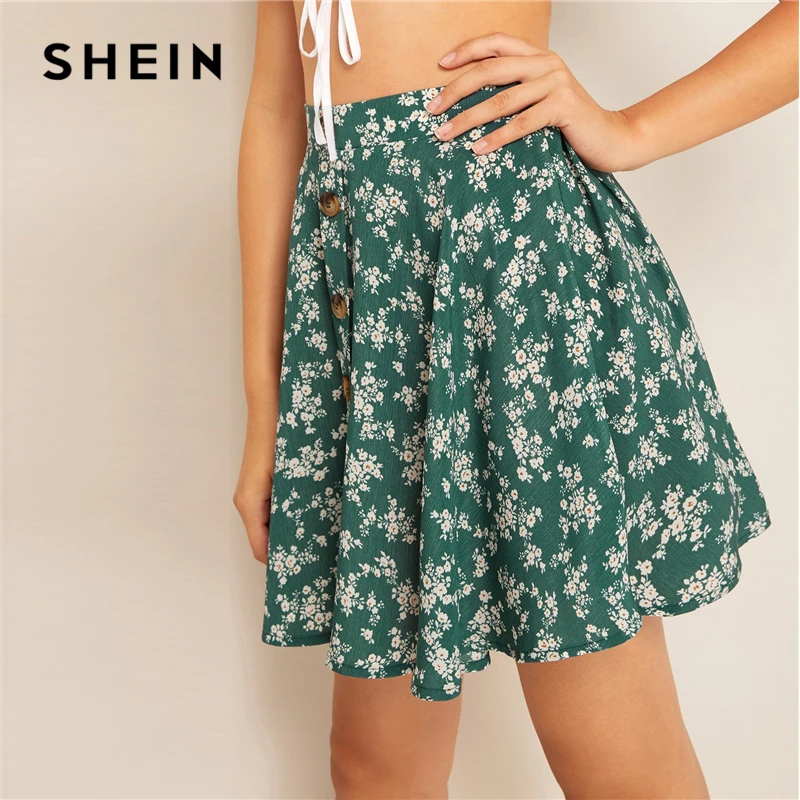 SHEIN, зеленые, с растительным принтом, на пуговицах, Свинг, средняя талия, расклешенные юбки, женские, летние, элегантные, богемные, повседневные, мини, юбка для скейтера
