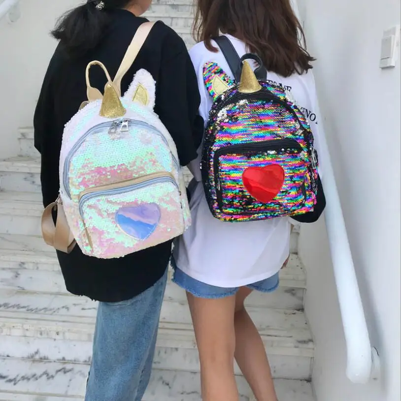 2019 Hot Sale Children's personality sequins backpack unicorn girls schoolbags leisure travel gold silver | Багаж и сумки