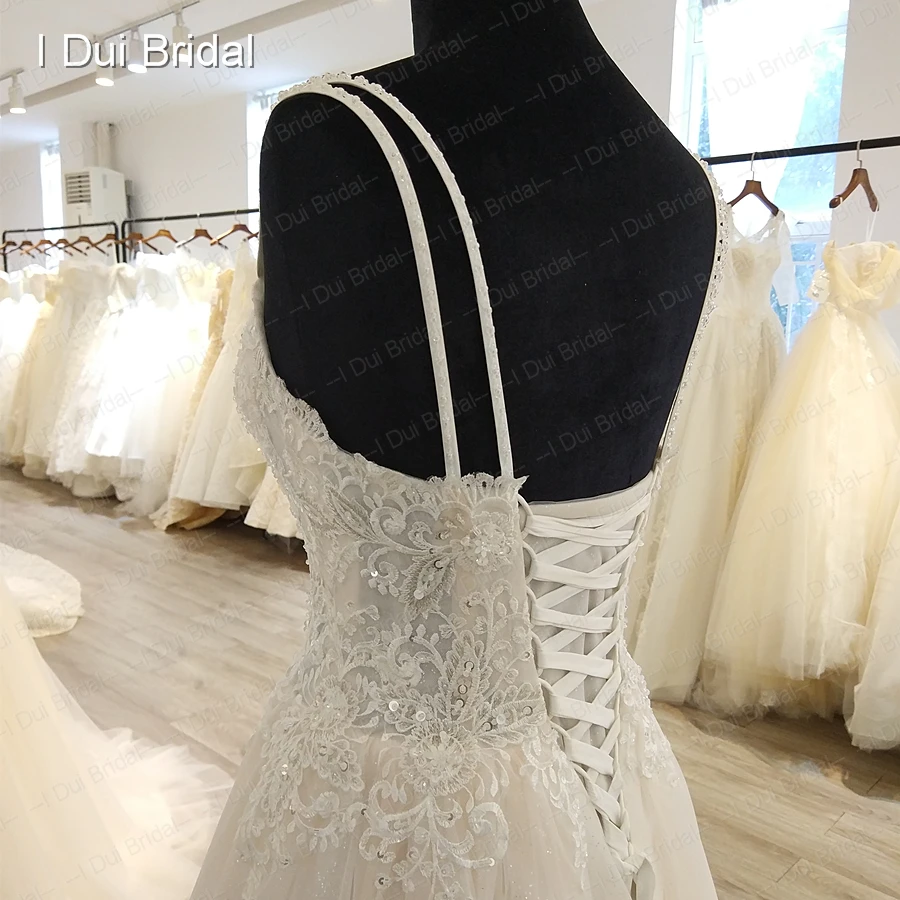Unique Lace Tulle Wedding Dress A Line Spaghetti Double Strap Bridal Gown High Quality Custom Made