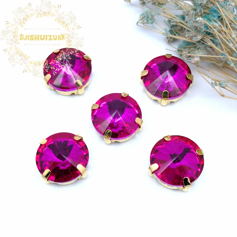 New product Satellite Rose red Crystal Glass Sewing Rhinestones with gold Claw DIY Wedding Dresses
