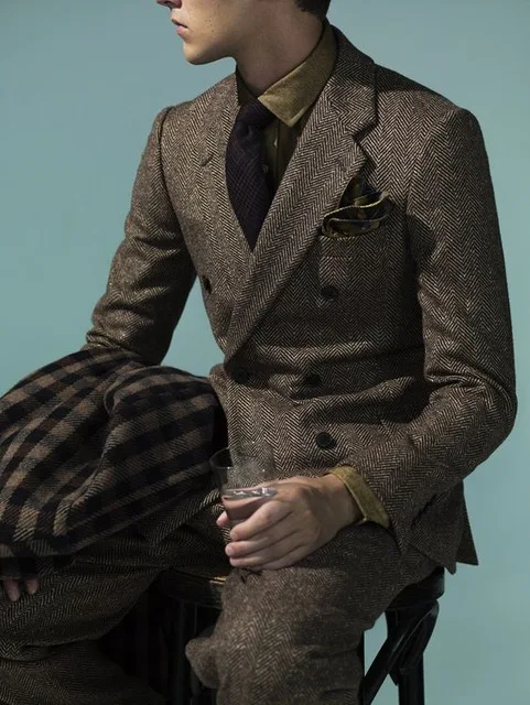 

Herringbone Grey Mens Woolen Double Breasted Suits 2 Piece Mens Wedding Tuxedo Custom Prom Suits Jacket Pants Terno Masculi