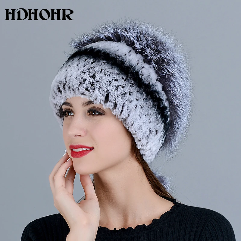 HDHOHR 2020 модная зимняя шапка из натурального меха женская кроличьего с вязаными