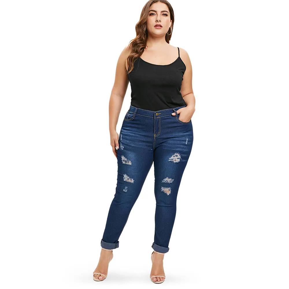 CosMera High Waist Pants Pockets Ripped Jeans Women New Fashion Casual Skinny Pencil Denim Trousers Plus Size |