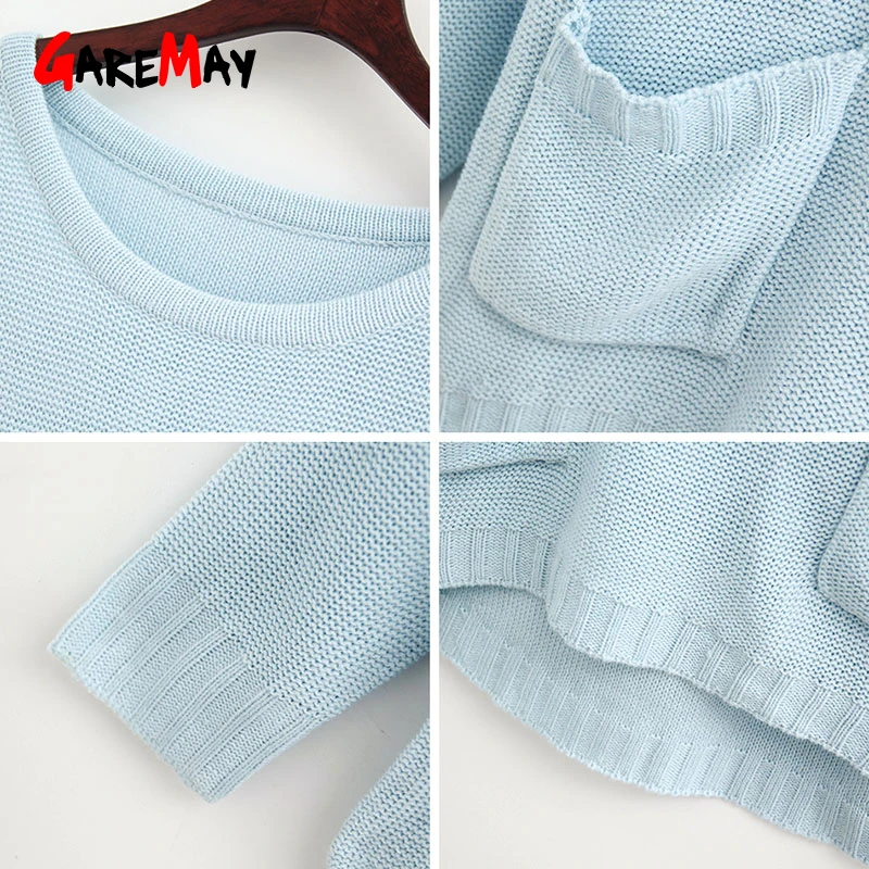 Garemay Casual Thin Sweater Women Pullover Knitted Pocket Long Sleeve Womens Blue Women's Jumper Ladies Sweaters Fashion | Женская