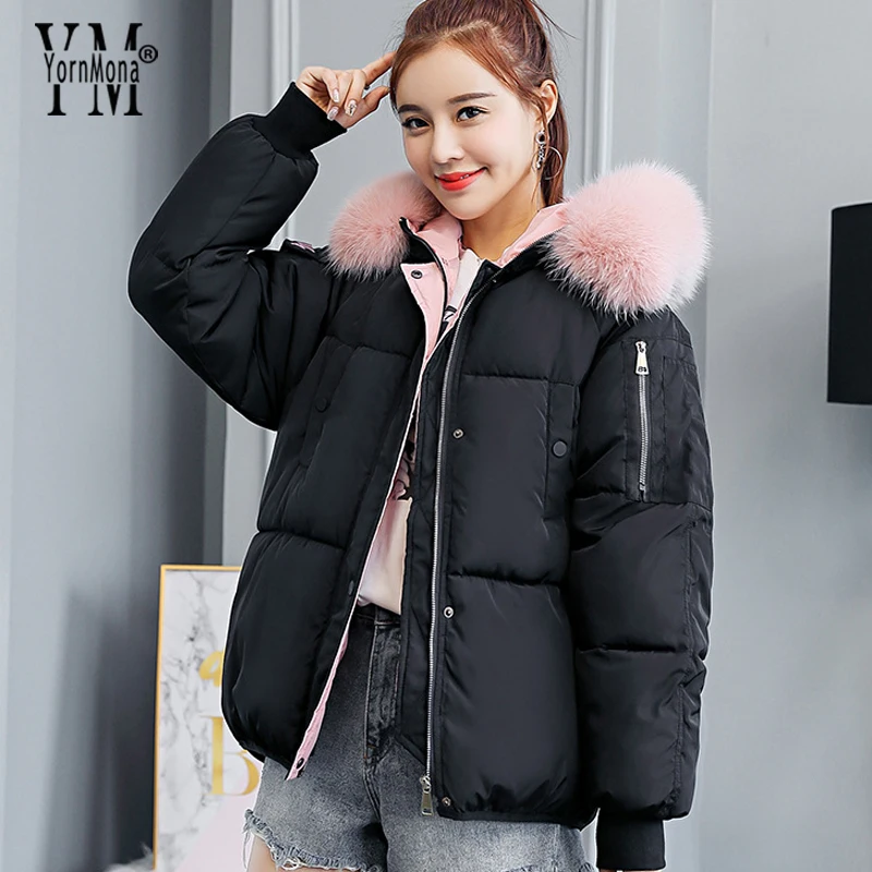 YornMona Brand Winter Jacket Women New 2019 Letters Coat Artificial Fur Collar Hooded Parka Female Thick Cotton Padded Jackets | Женская