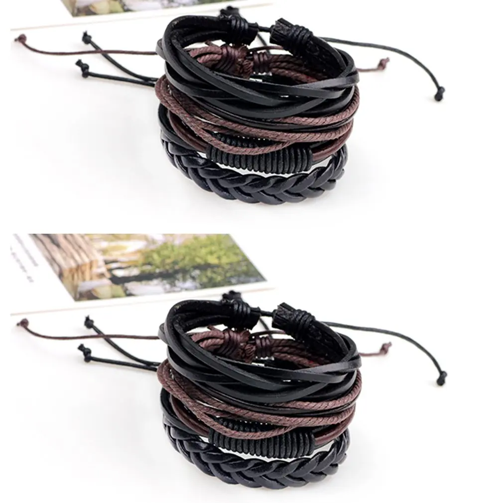 4PCS/PACK Punk Style Vintage Bracelet Handmade PU Leather Braided DIY Men Black Brown Casual Bracelets Fashion Jewelry | Украшения и