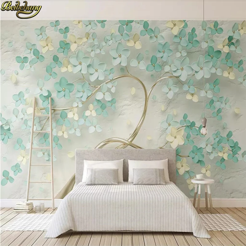 

beibehang Custom wallpaper mural small fresh mint green 3d flower embossed background wall papers home decor papel de parede
