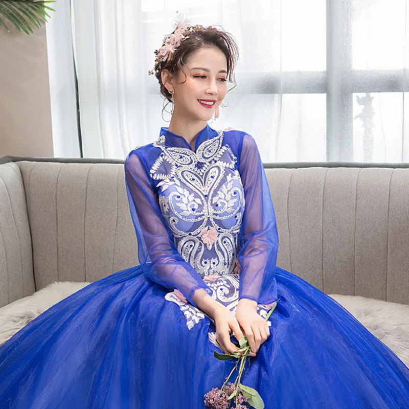 Бальные платья 2020 синие Quinceanera с длинным рукавом и высоким воротом 15 шестнадцати