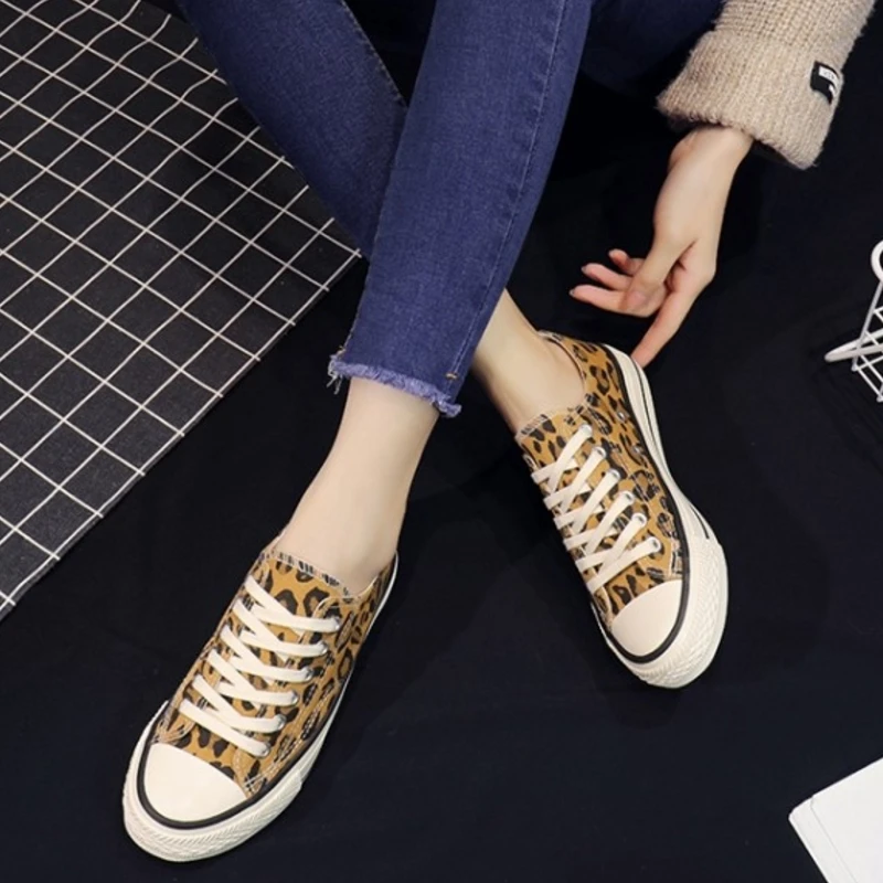 SJJH Women Canvas Leopard Sneakers High Low Top Comfortable Shoes Vulcanize Flats Casual Chaussure Lace-up Ladies Footwear D004