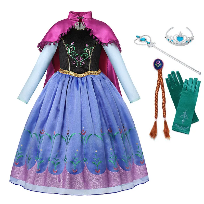 Anna Dress Set 2 Платье принцессы Эльзы и Анны для девочек, Детский костюм, длинный халат Мантия с блестками для косплея Снежной королевы, Детские Зимние костюмы для рождественской вечеринки - Цвет: Anna Dress Set 2