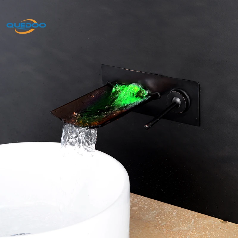 3 Color Change LED Wall Mounted Waterfall Glass Spout Oil Rubbed Bronze Finished Brass Bathroom Faucet Single Handle Mixer Tap |