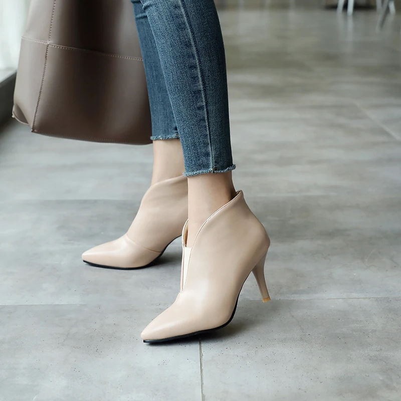 

JK Thin High Heels Ankle Women Boots Pu Warm Female Shoes Pointed Toe Fashion Bootie 2019 Winter New Footwear Big Size 32-46