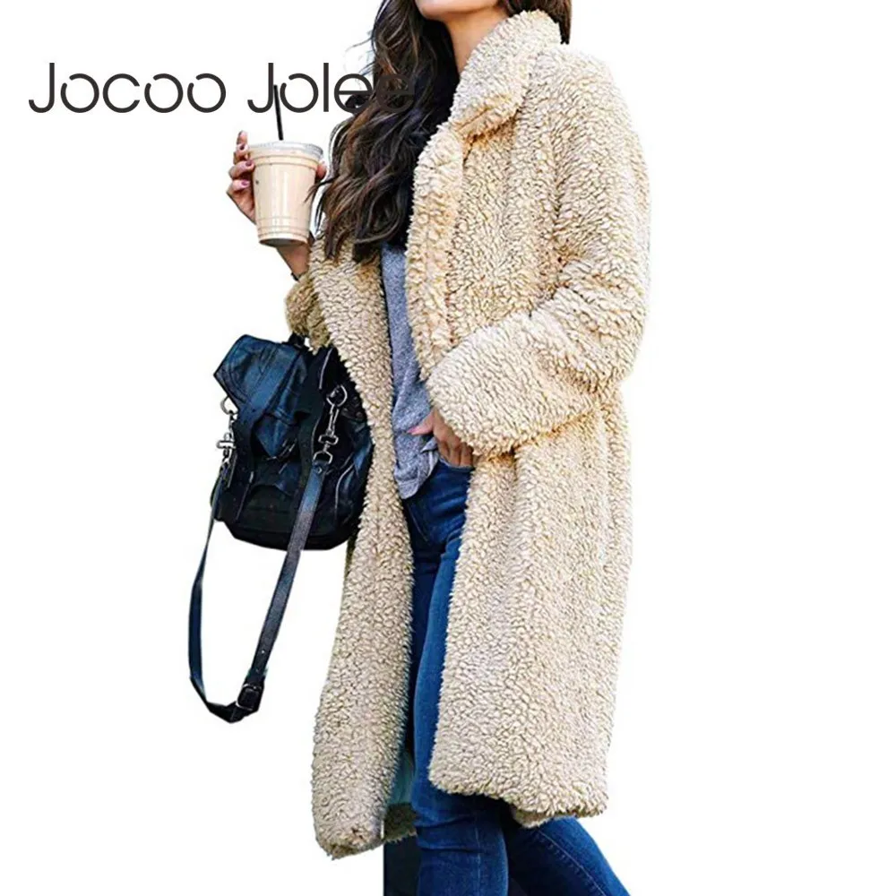 Jocoo Jolee 2021 Women Faux Fur Teddy Coat Autumn Winter Thick Warm Fluffy Long Coats Lapel Shaggy Jacket Overcoat Oversized | Женская